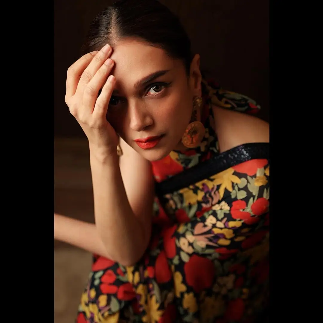 South Indian Actress Aditi Rao Hydari In Red Saree Sleeveless Blouse